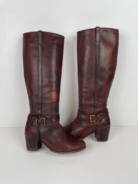 FRYE Malorie Knotted Buckle Tall Leather Riding Boots Dark Chestnut Red Brown 9
